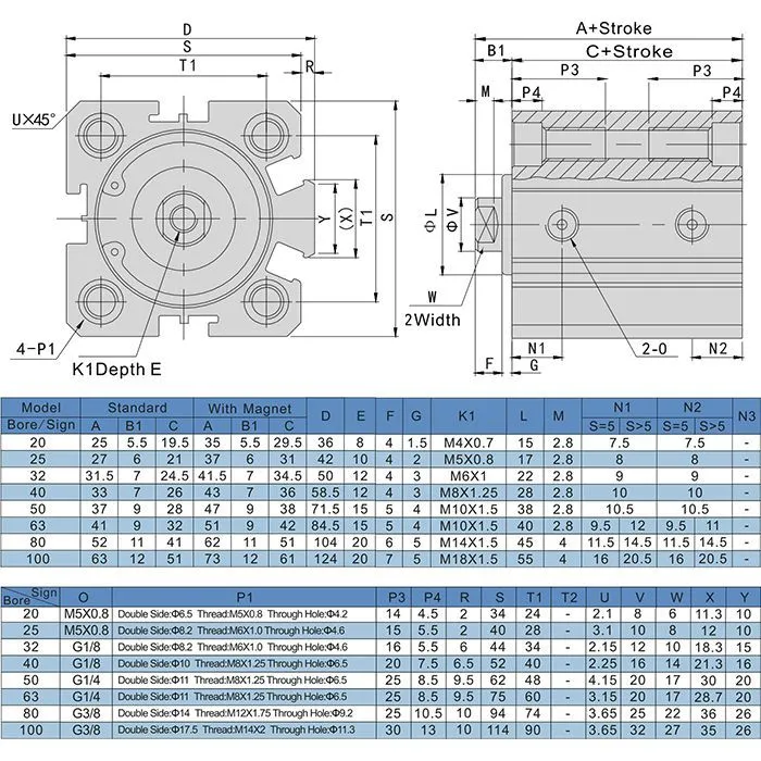 Пневмоцилиндр компактный серии SDA, 63X50, TLP-PC63X50SDA TITAN LOCK