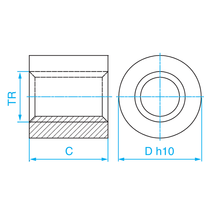 Гайка трапецеидальная (бронза) d=16 мм, шаг резьбы 4 мм (прав. резьба), LRM 16-4-D ISKRA