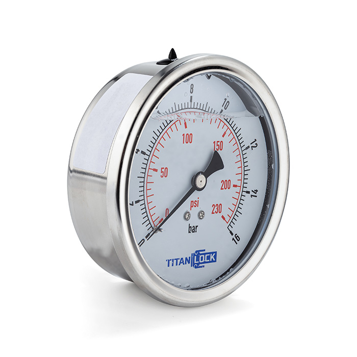 Манометр нержавеющий виброустойчивый, 16/0,2 Бар, корп.63мм, креп.сзади 3/8, TLSPGV63B3/8 TITAN LOCK