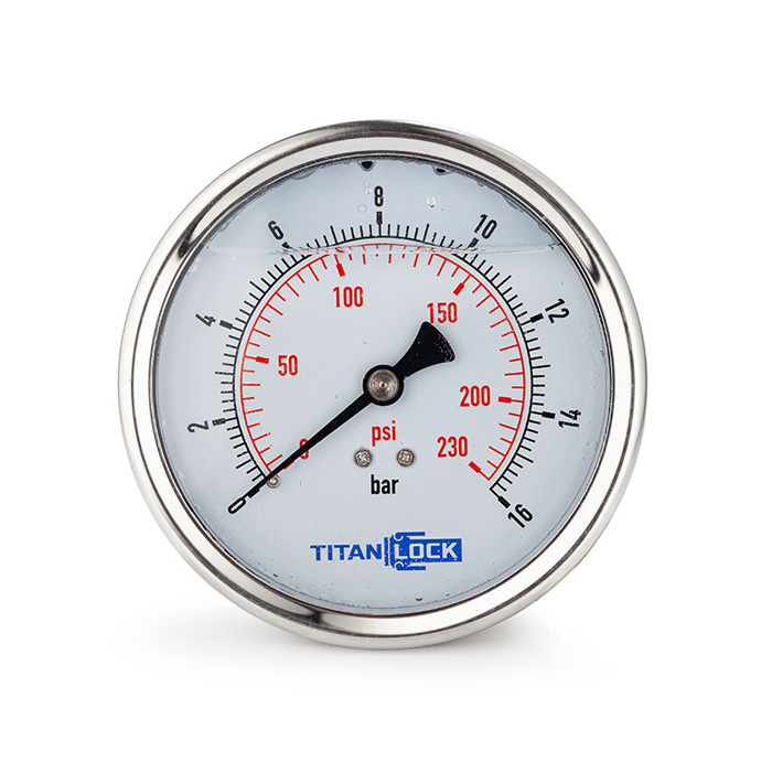 Манометр нержавеющий виброустойчивый, 16/0,2 Бар, корп.63мм, креп.сзади 3/8, TLSPGV63B3/8 TITAN LOCK