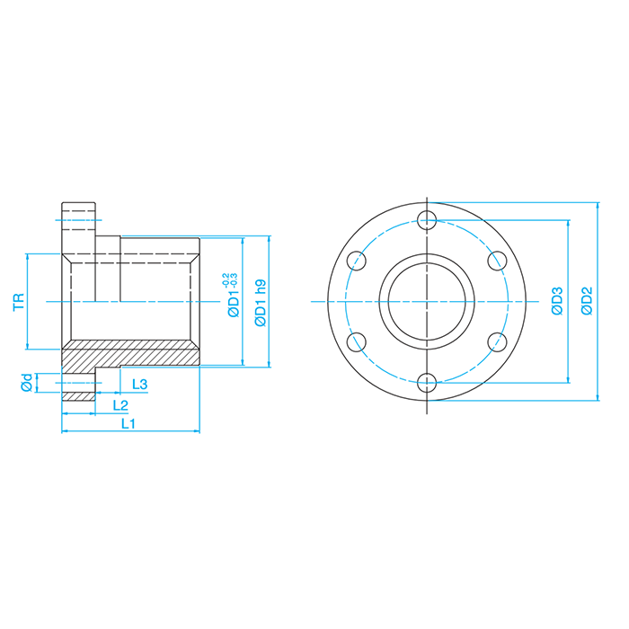 Гайка трапецеидальная с фланцем (бронза) d=16 мм, шаг резьбы 4 мм (лев. резьба), BFM 16-4-G ISKRA
