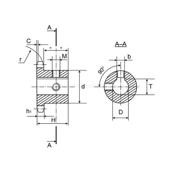 Звездочка с готовым отверстием d=28 для цепи 08B-1, Z=14, со ступицей, с калеными зубьями, шпон. паз ISKRA
