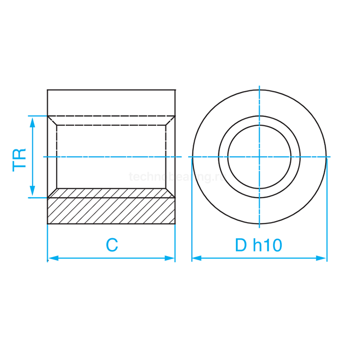 Гайка трапецеидальная (бронза) d=20 мм, шаг резьбы 4 мм (прав. резьба), LRM 20-4-D ISKRA