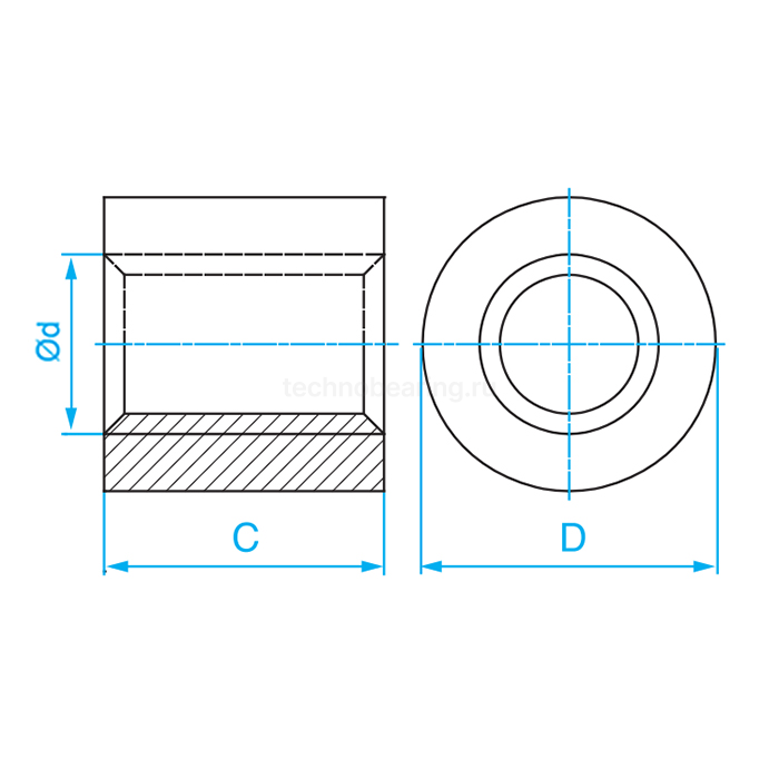 Гайка трапецеидальная (бронза) d=50 мм, шаг резьбы 8 мм (прав. резьба), LRM 50-8-D ISKRA